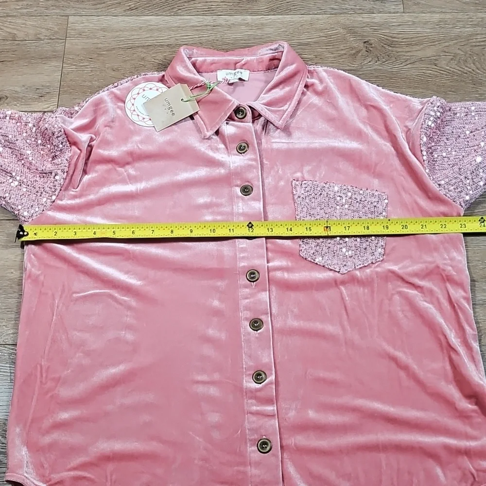 NWT Umgee Rose Pink Velvet Sequin Oversized Long Sleeve Button Down Top Shirt - Picture 15 of 16
